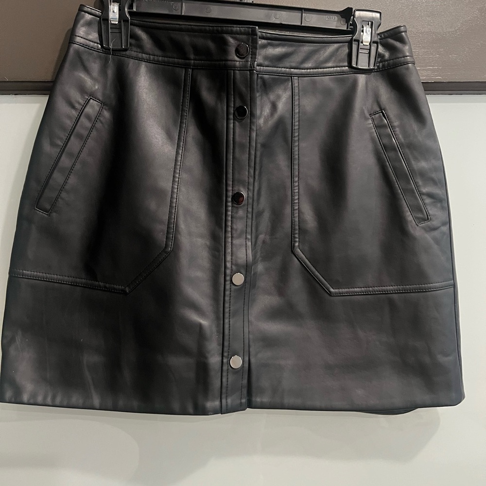 Button Front Black Leather Mini Skirt